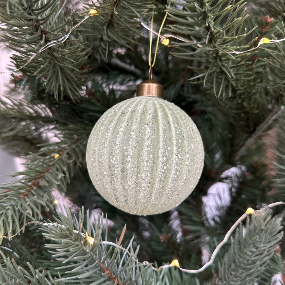 Sage Green Frosted Ribbed Glass Bauble Hanging Christmas Tree Decoration