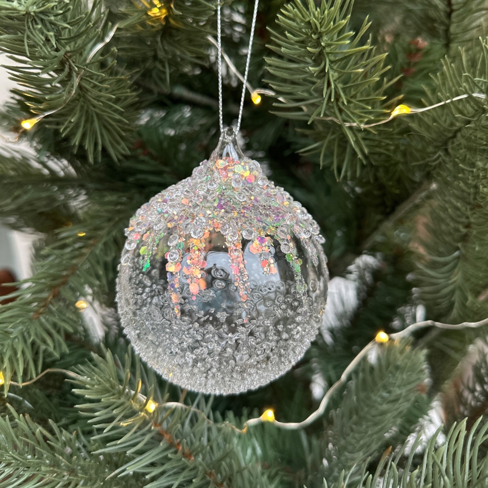 White Iridescent Snowcap Sparkly Glass Hanging Christmas Tree Decoration