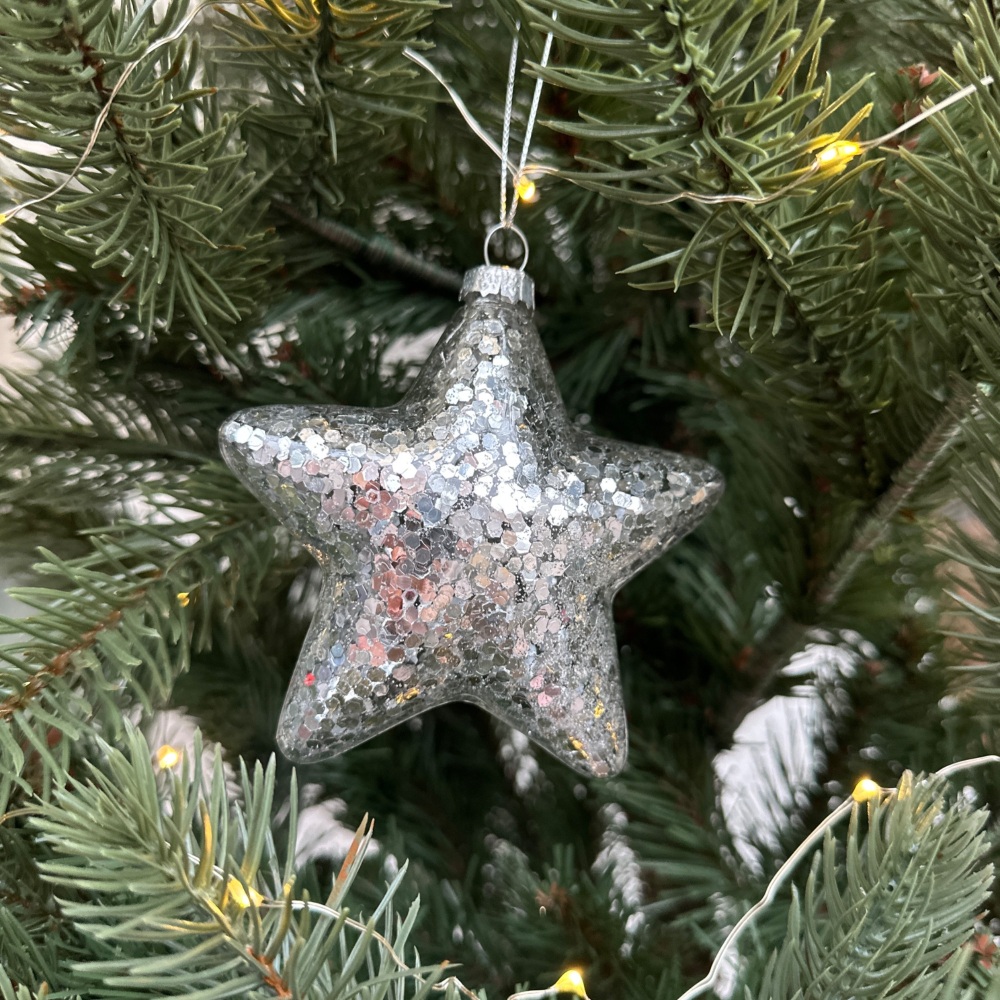 Glass Glittery Star bauble in Silver or Gold