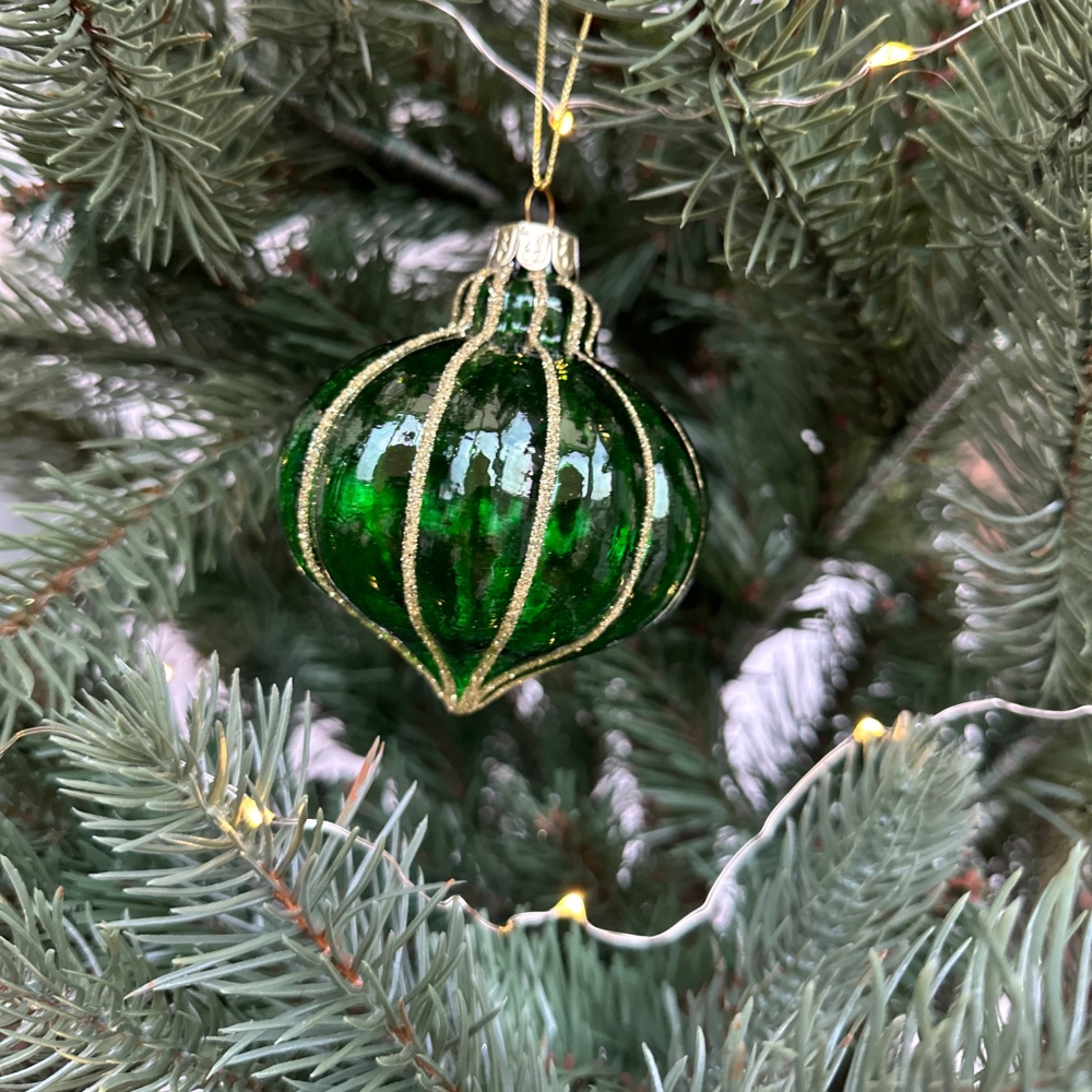 Green and Gold Ribbed Onion Glass Hanging Christmas Tree Decoration