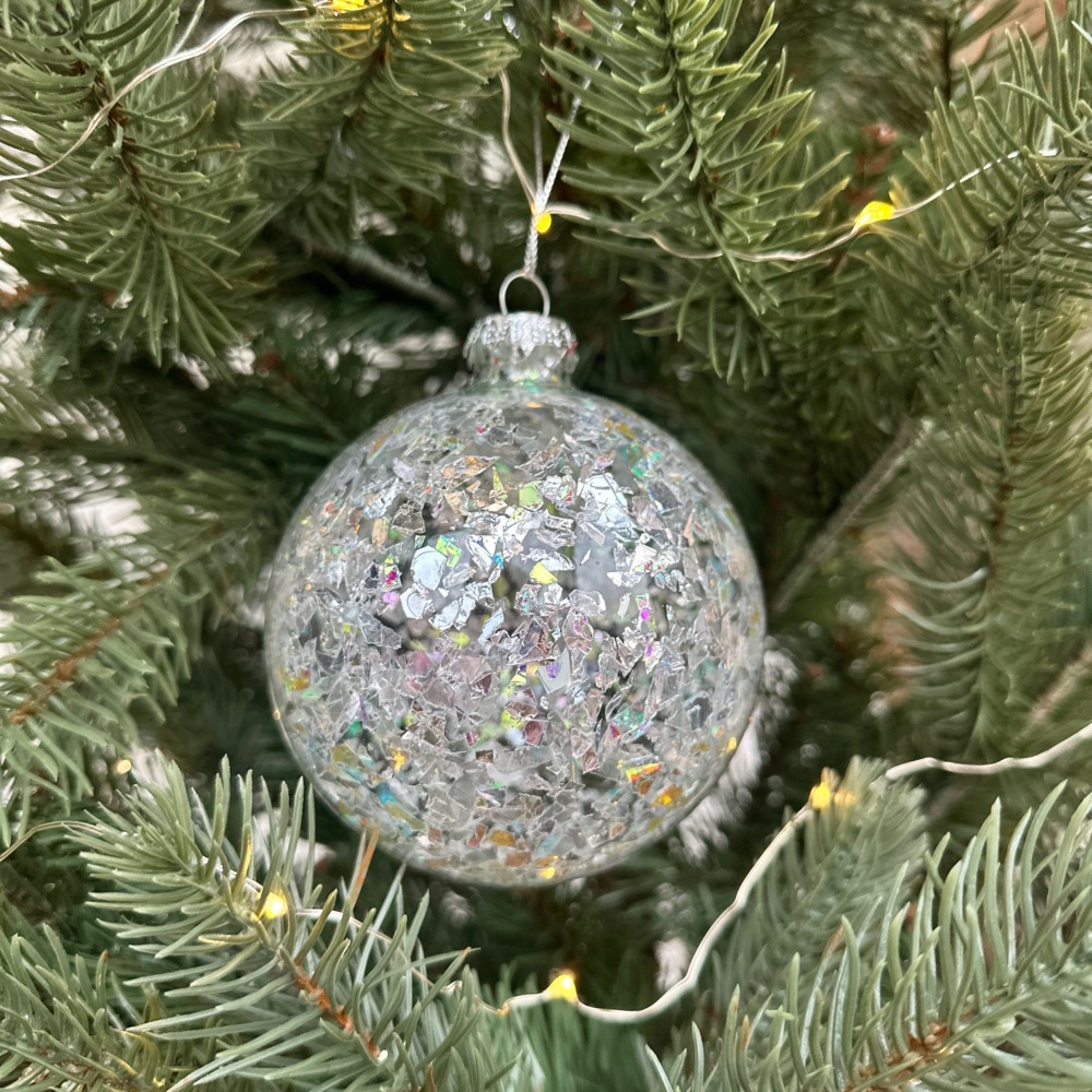 Silver Crackled Confetti Fleck Glass Hanging Christmas Tree Decoration