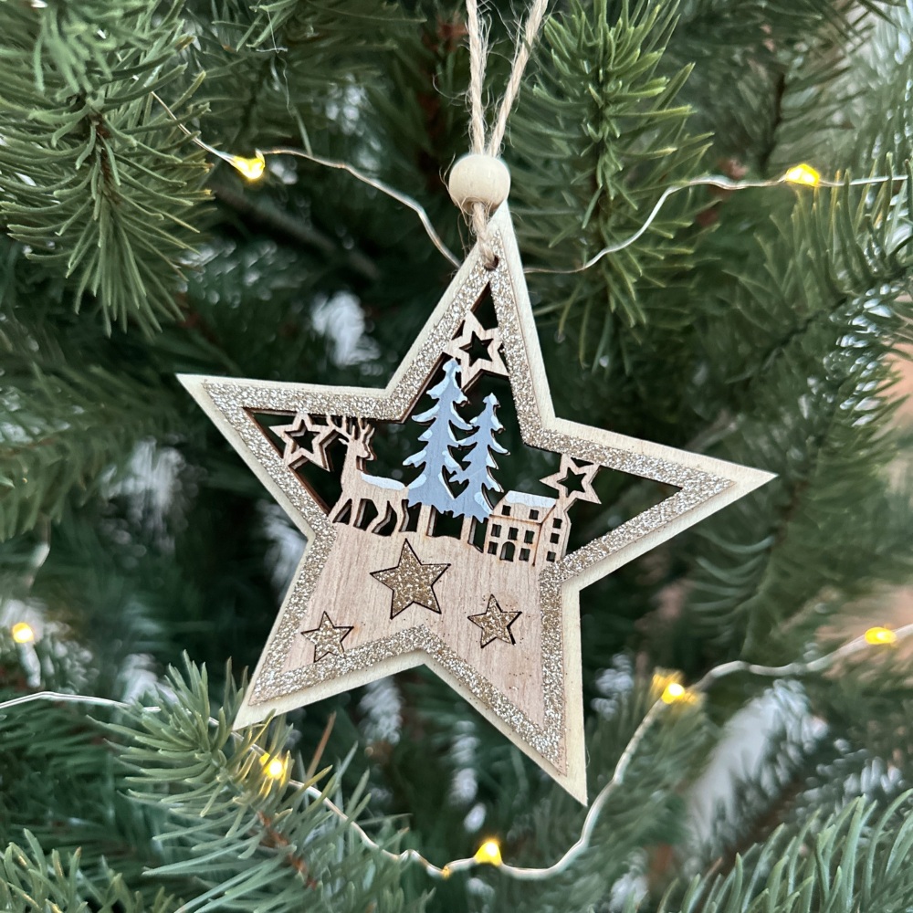 Glittery Wooden Christmas Deer Scene Star Hanging Decoration