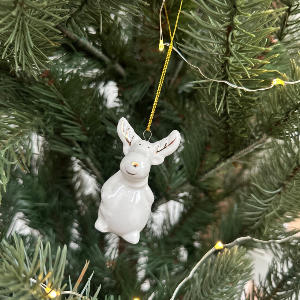 White Ceramic & Gold Reindeer Hanging Decoration