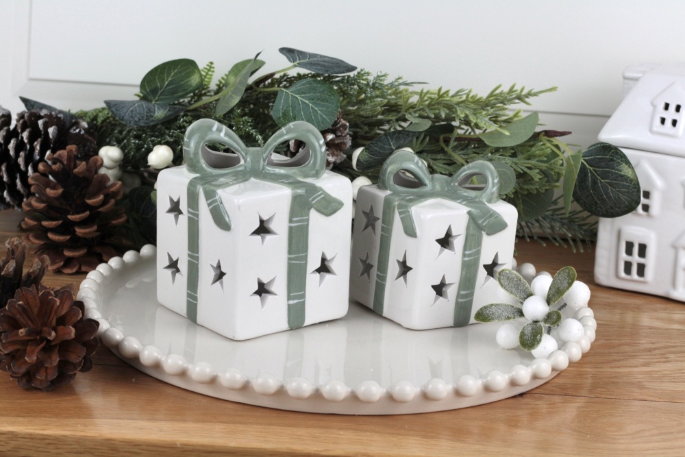 White & Green Ceramic Present LED Decorations | Various Size Choice