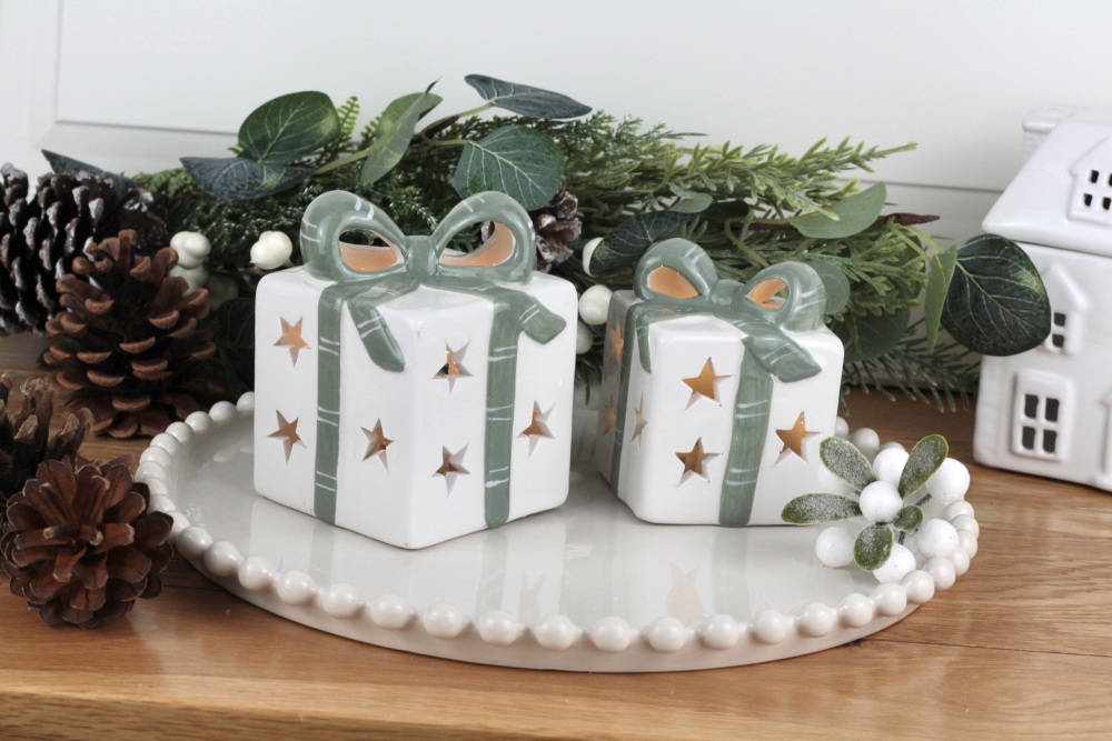 White & Green Ceramic Present LED Decorations | Various Size Choice