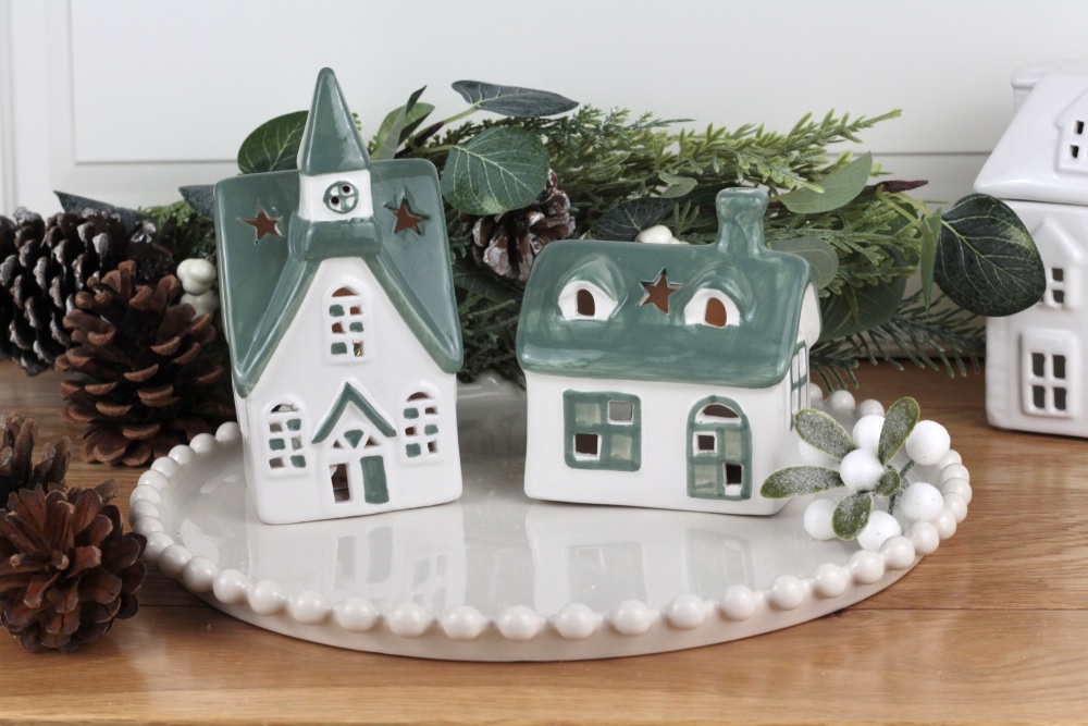 White & Green Ceramic House Tea Light Decorations | Various Size Choice