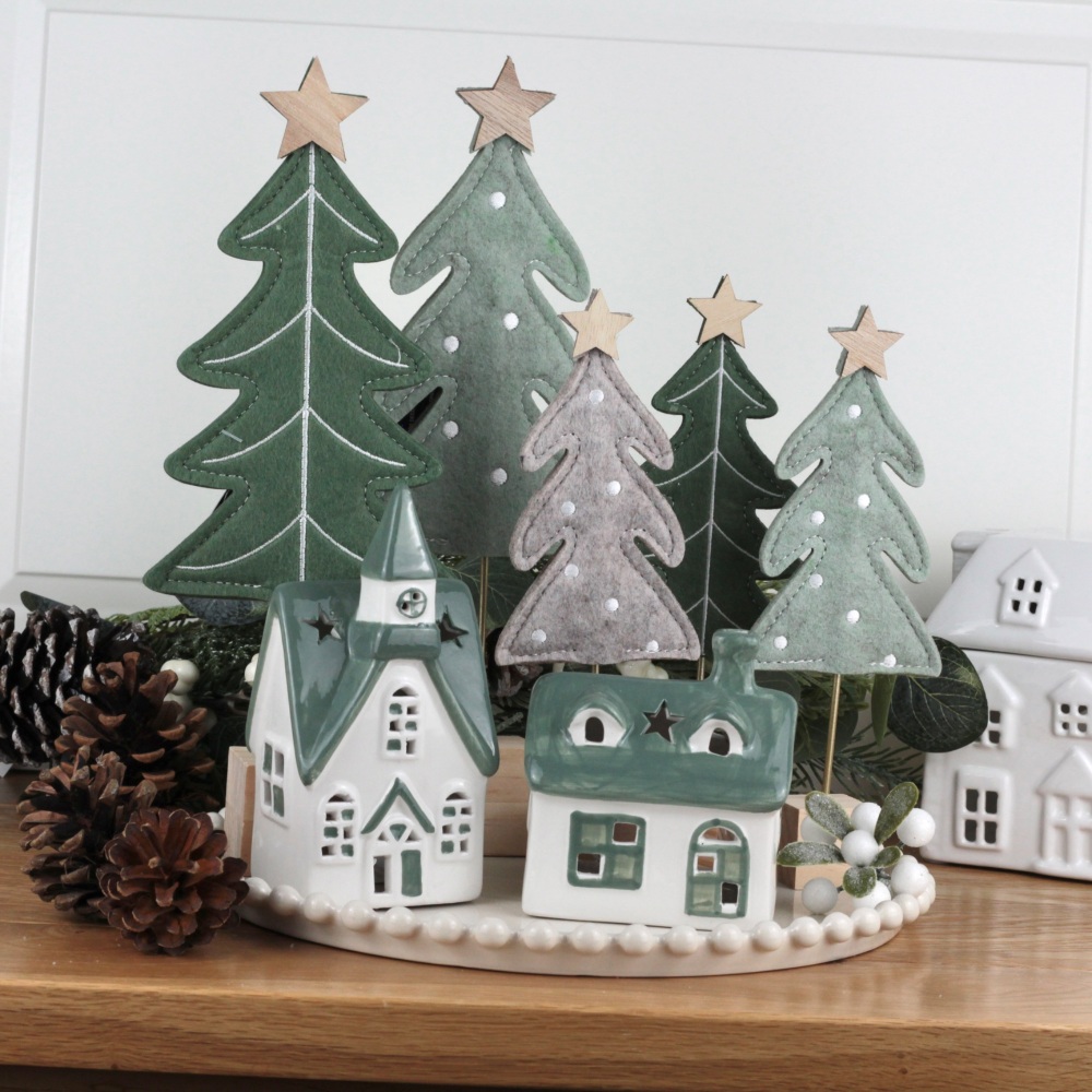 White & Green Ceramic House Tea Light Decorations | Various Size Choice