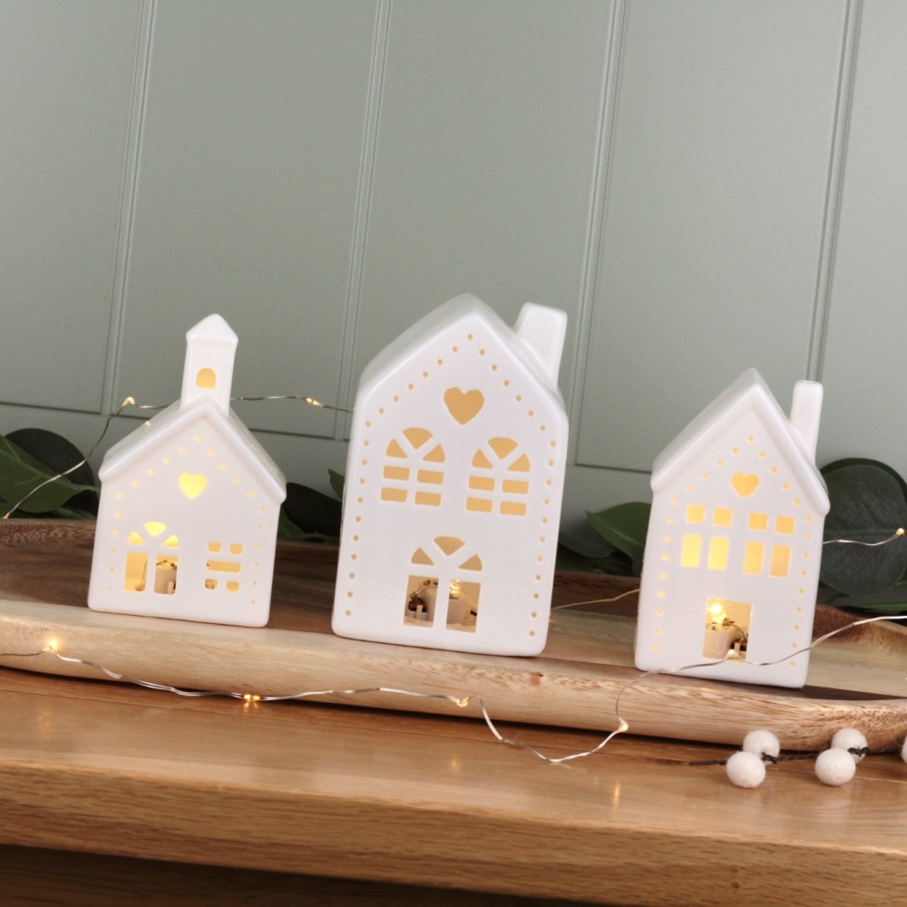 White Ceramic Heart LED House Church