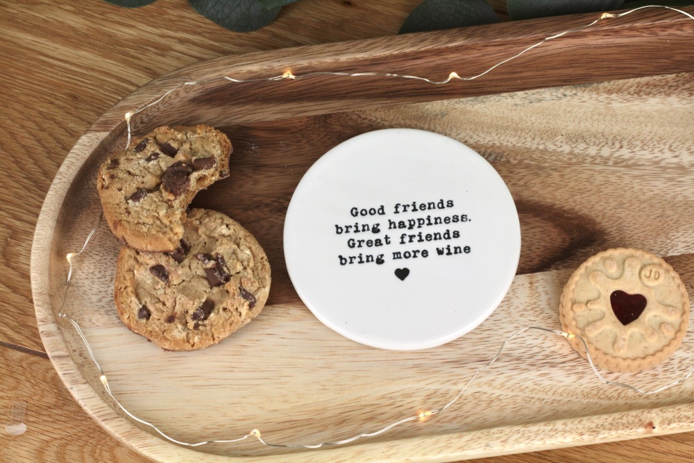 Good friends bring happiness, great friends bring more wine Ceramic Coaster