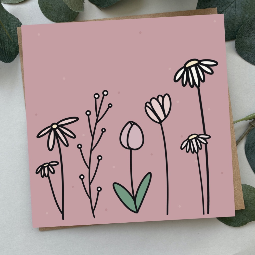 Blank Floral Design Card Pink | Colour Flower Doodles Design