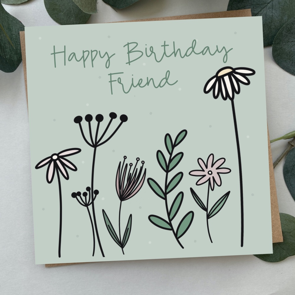 Happy Birthday Friend Card | Colour Flower Doodles Design