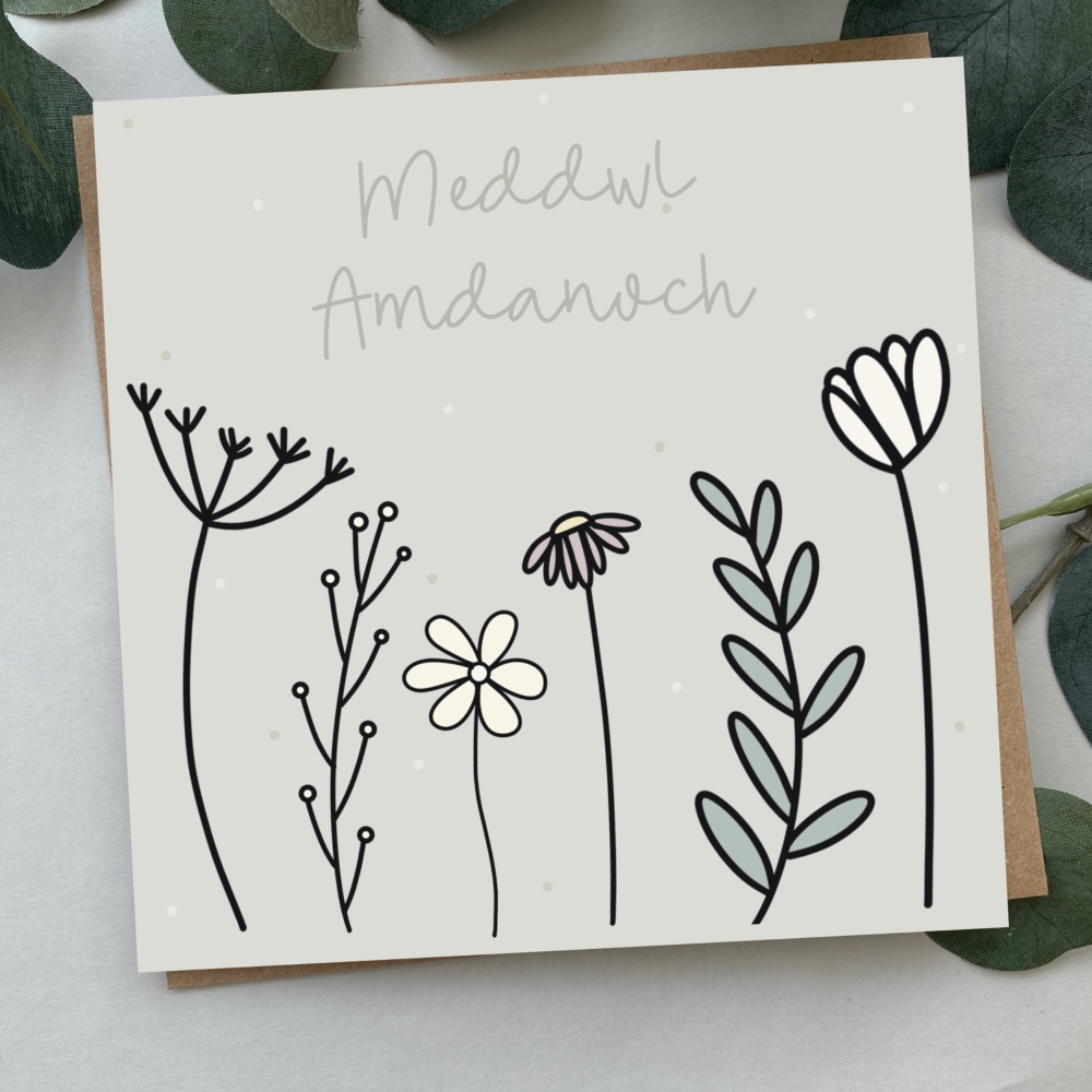 Cerdyn Meddwl Amdanoch | Welsh Thinking of you Card | Colour Flower Doodles