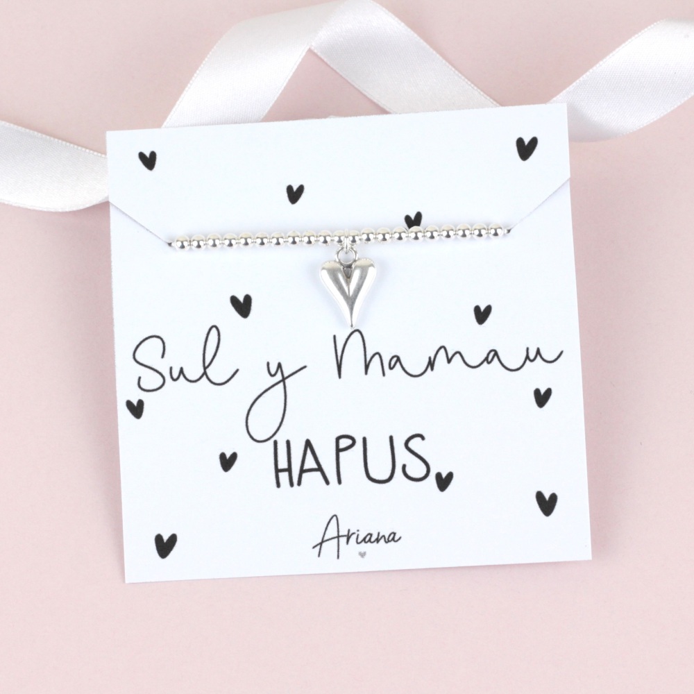 Breichled Sul y Mamau Hapus Calon | Welsh Happy Mother&rsquo;s Day Heart Bracelet | Ariana Jewellery | Various Choice