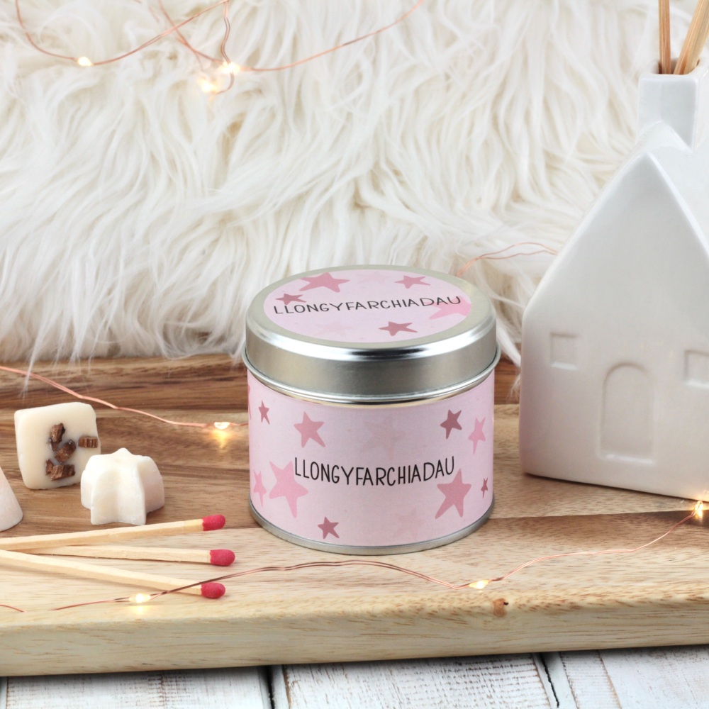 Cannwyll Llongyfarchiadau Serennog Pinc | Welsh Congratulations Pink Stars Tin Candle