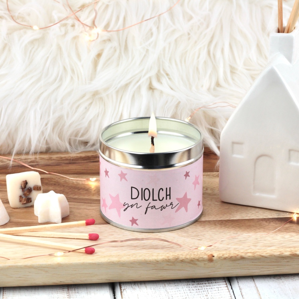 Cannwyll Diolch yn fawr Serennog Pinc | Welsh Thank you Pink Stars Tin Candle