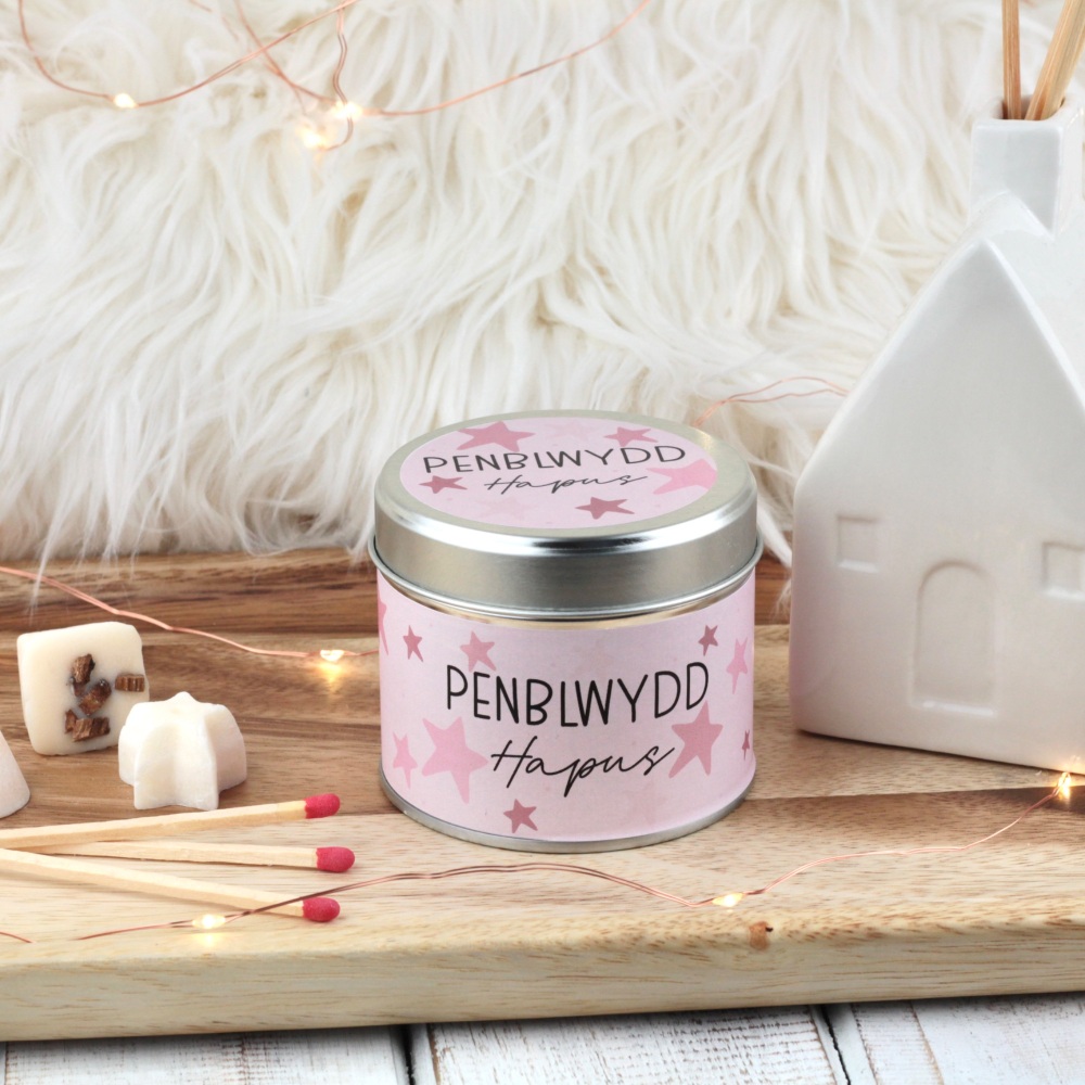 Cannwyll Penblwydd Hapus Serennog Pinc | Welsh Happy Birthday Pink Stars Tin Candle