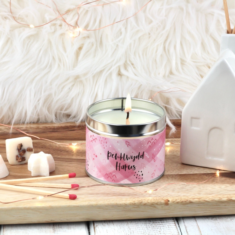 Cannwyll Penblwydd Hapus Cyfoes Pinc | Welsh Happy Birthday Pink Brushes Tin Candle