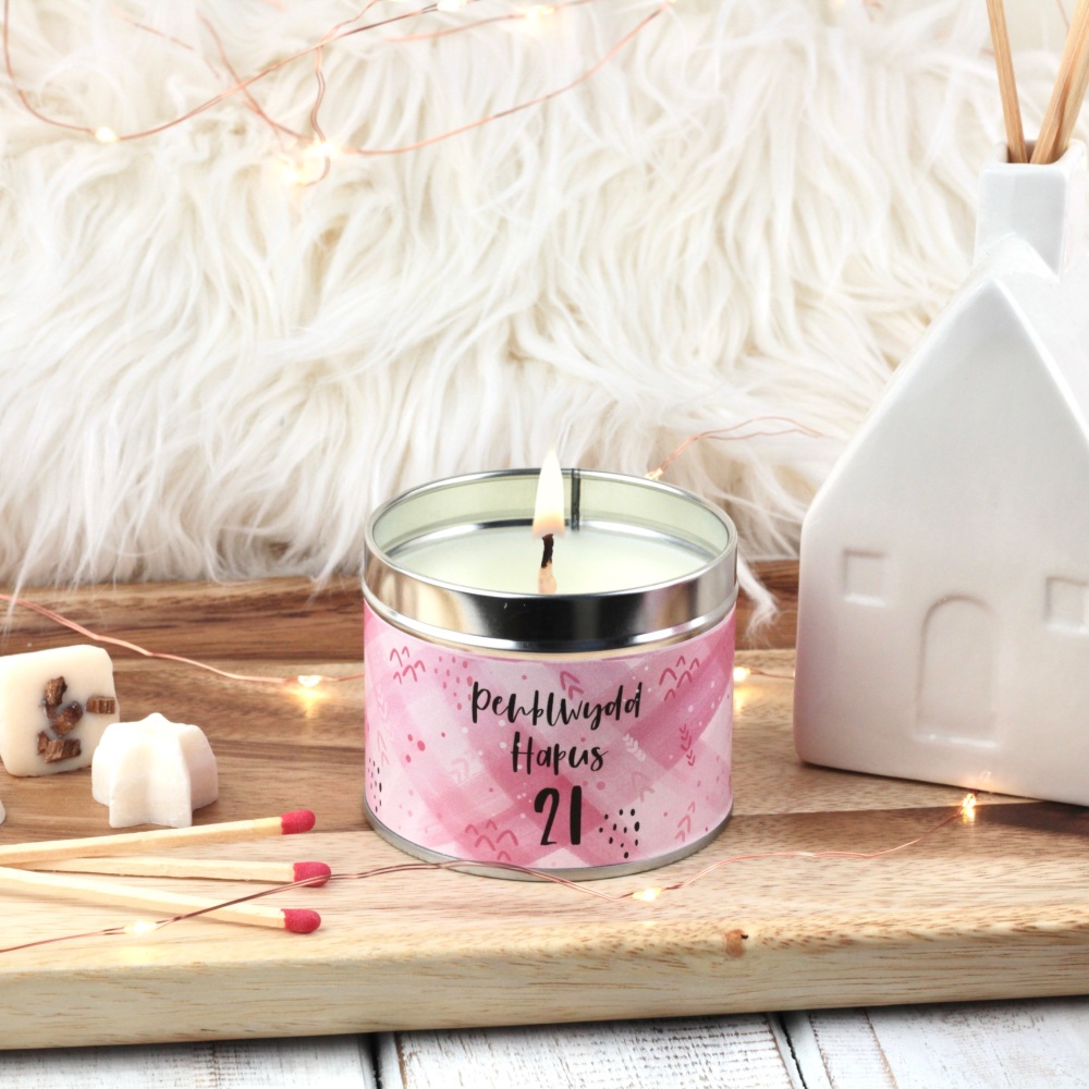Cannwyll Penblwydd Hapus 21 Cyfoes Pinc | Welsh Happy Birthday 21 Pink Brushes Tin Candle