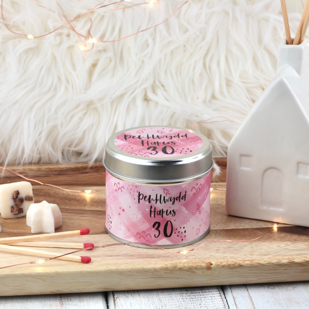 Cannwyll Penblwydd Hapus 30 Cyfoes Pinc | Welsh Happy Birthday 30 Pink Brushes Tin Candle