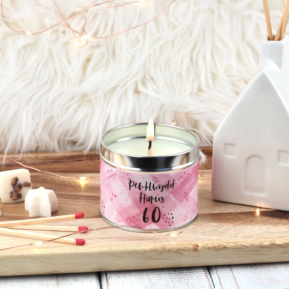Cannwyll Penblwydd Hapus 60 Cyfoes Pinc | Welsh Happy Birthday 60 Pink Brushes Tin Candle
