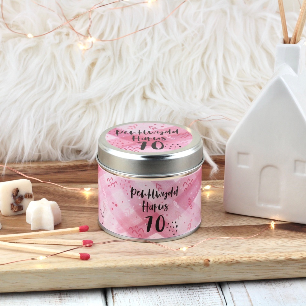 Cannwyll Penblwydd Hapus 70 Cyfoes Pinc | Welsh Happy Birthday 70 Pink Brushes Tin Candle
