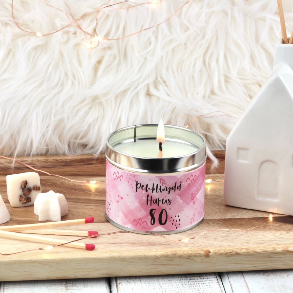 Cannwyll Penblwydd Hapus 80 Cyfoes Pinc | Welsh Happy Birthday 80 Pink Brushes Tin Candle