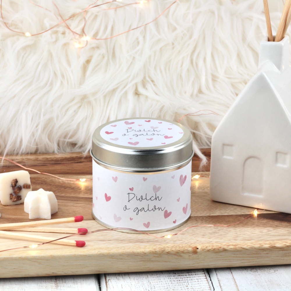 Cannwyll Diolch o Galon Calonnog Pinc | Welsh Thank you Dotty Hearts Tin Candle