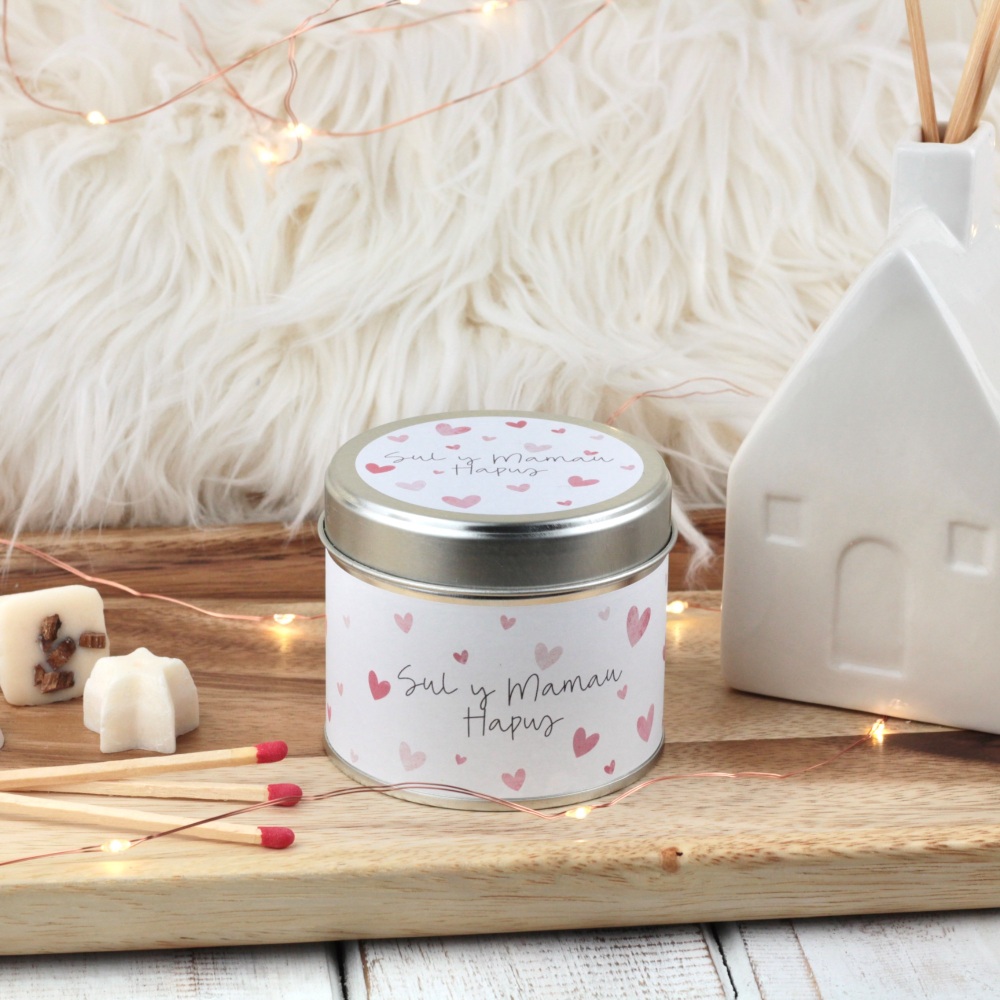 Cannwyll Sul y Mamau Hapus Calonnog Pinc | Welsh Happy Mother's Day Hearts Tin Candle