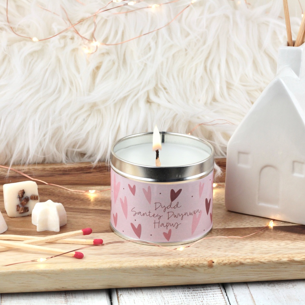 Cannwyll Dydd Santes Dwynwen Hapus Calonnog Pinc | Welsh Happy St Dwynwens Day Bold Hearts Tin Candle