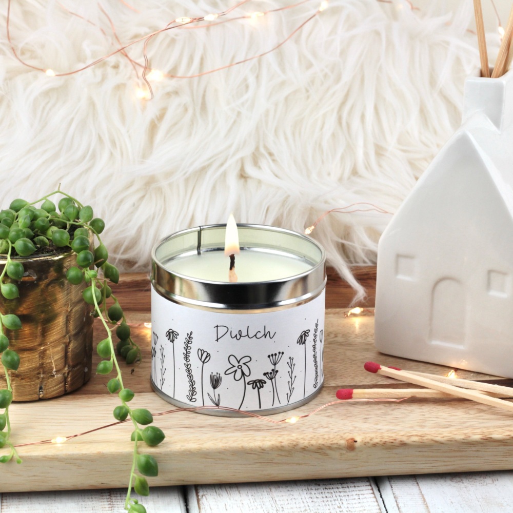 Cannwyll Diolch Blodeuog | Welsh Thank you Doodle Flowers Tin Candle