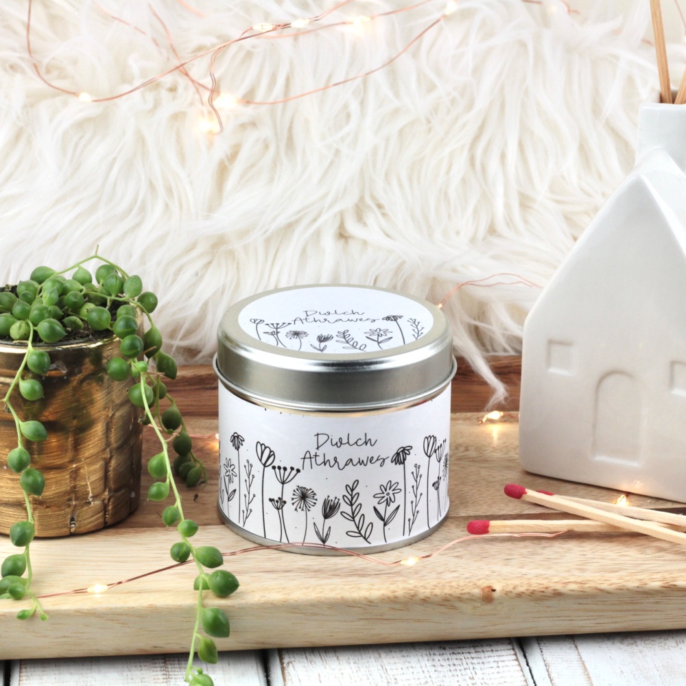 Cannwyll Diolch Athrawes Blodeuog | Welsh Thank you Teacher Doodle Flowers Tin Candle