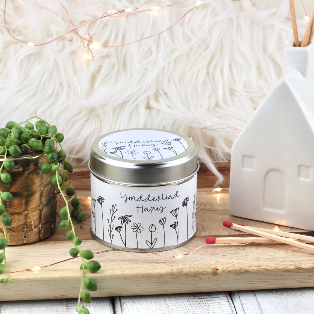 Cannwyll Ymddeoliad Hapus Blodeuog | Welsh Happy Retirement Doodle Flowers Tin Candle