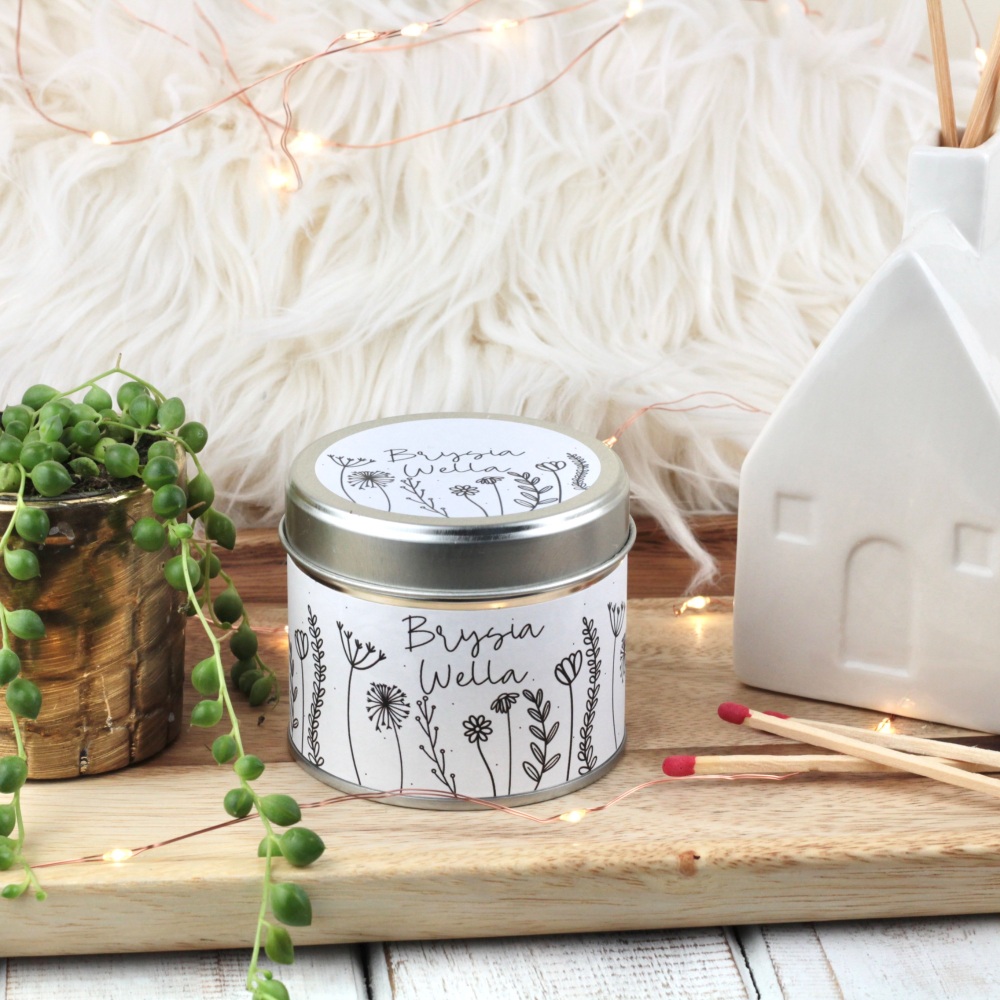 Cannwyll Brysia Wella Blodeuog | Welsh Get Well Soon Doodle Flowers Tin Candle