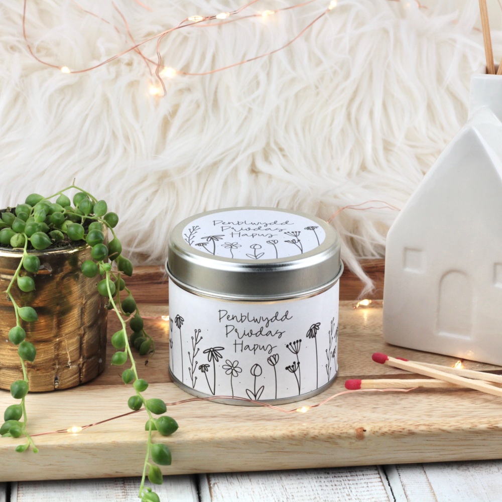 Cannwyll Penblwydd Priodas Hapus Blodeuog | Welsh Happy Wedding Anniversary Doodle Flowers Tin Candle
