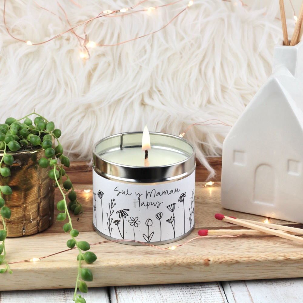 Cannwyll Sul y Mamau Hapus Blodeuog | Welsh Happy Mother's Day Doodle Flowers Tin Candle