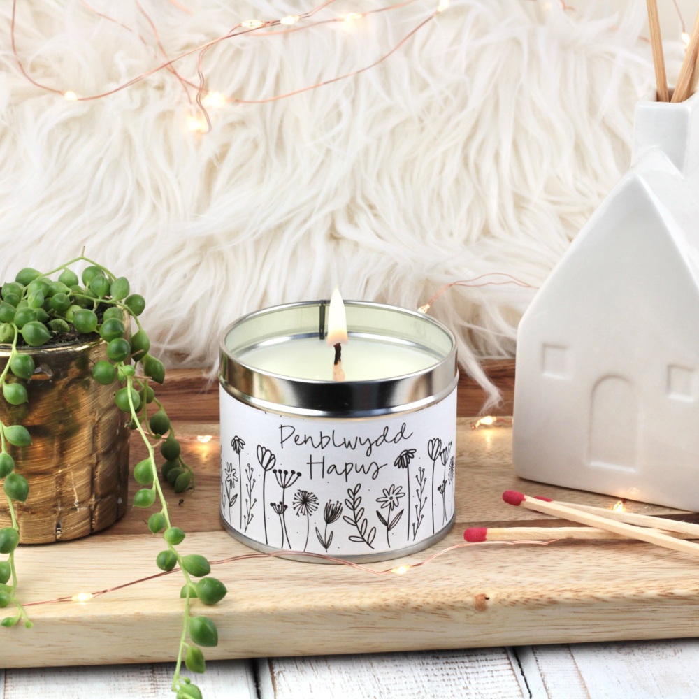 Cannwyll Penblwydd Hapus Blodeuog | Welsh Happy Birthday Doodle Flowers Tin Candle