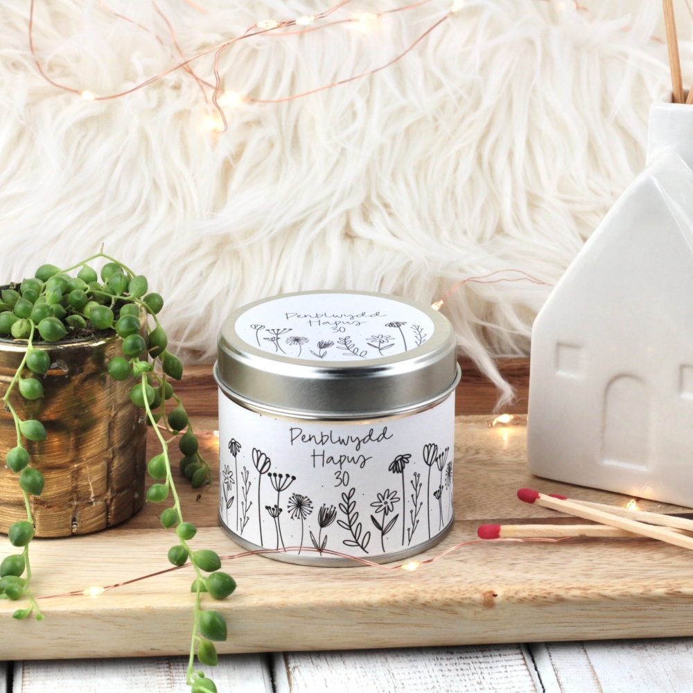 Cannwyll Penblwydd Hapus 30 Blodeuog | Welsh Happy Birthday 30 Doodle Flowers Tin Candle