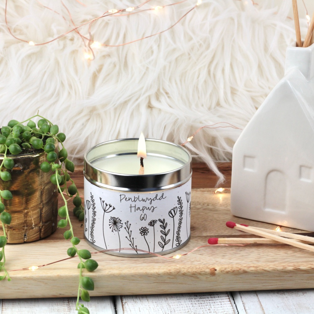 Cannwyll Penblwydd Hapus 60 Blodeuog | Welsh Happy Birthday 60 Doodle Flowers Tin Candle