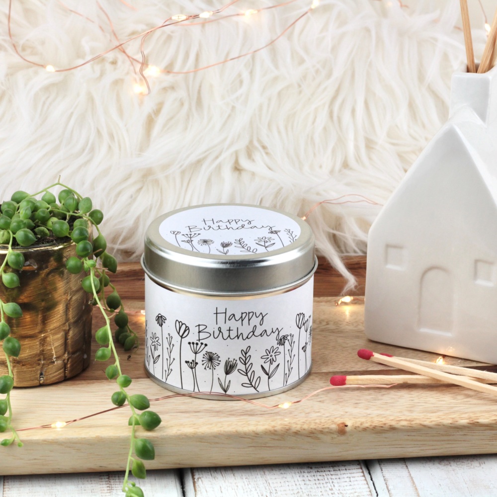 Happy Birthday Tin Candle | Doodle Flowers Design