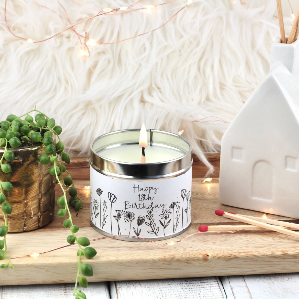 Happy 18th Birthday Tin Candle | Doodle Flowers Design