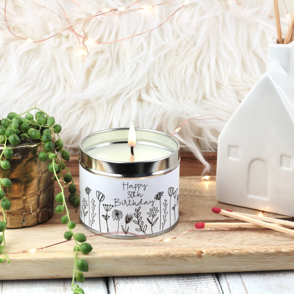 Happy 30th Birthday Tin Candle | Doodle Flowers Design