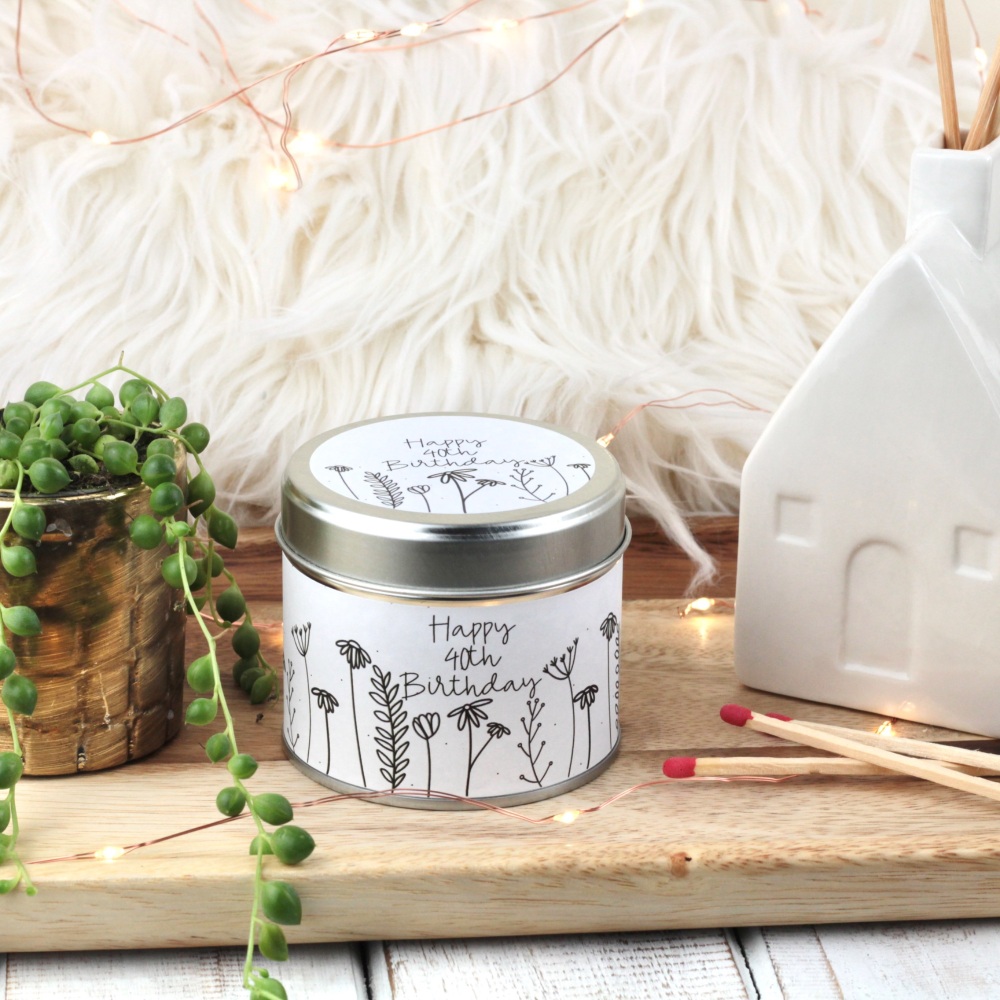 Happy 40th Birthday Tin Candle | Doodle Flowers Design