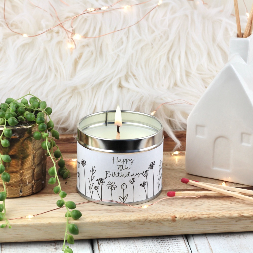 Happy 70th Birthday Tin Candle | Doodle Flowers Design