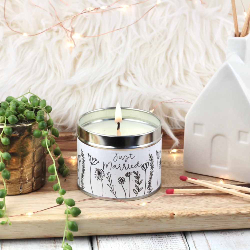 Just Married Tin Candle | Doodle Flowers Design