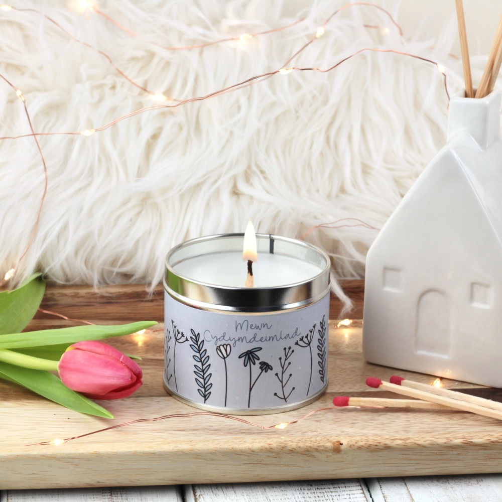 Cannwyll Mewn Cydymdeimlad Blodeuog | Welsh Sympathy Colour Doodle Flowers Tin Candle