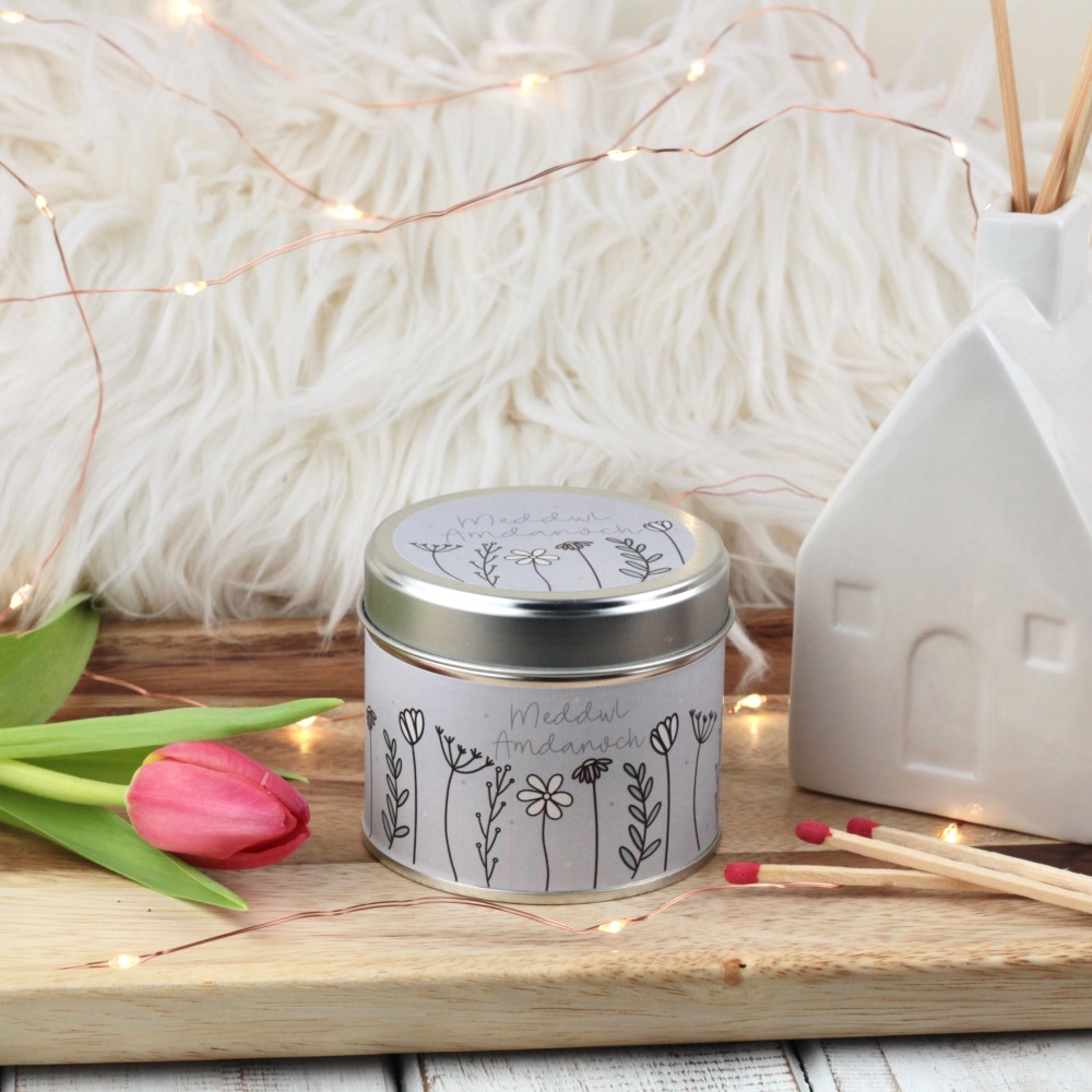 Cannwyll Meddwl Amdanoch Blodeuog | Welsh Thinking of you Colour Doodle Flowers Tin Candle
