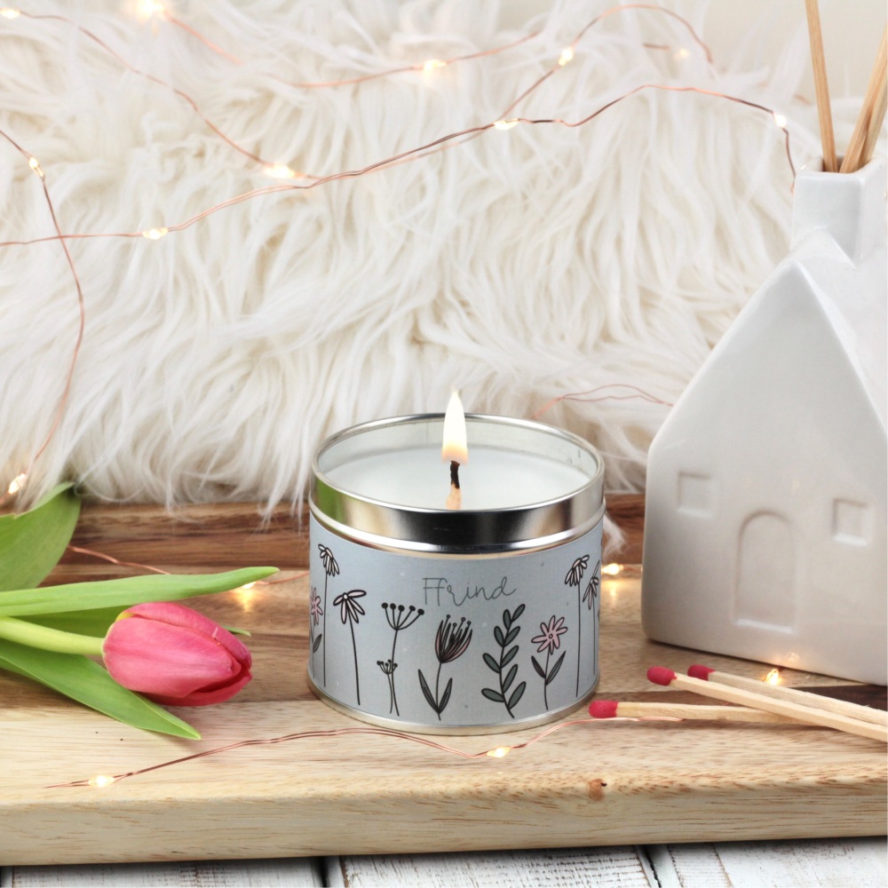 Cannwyll Ffrind Blodeuog | Welsh Friend Colour Doodle Flowers Tin Candle