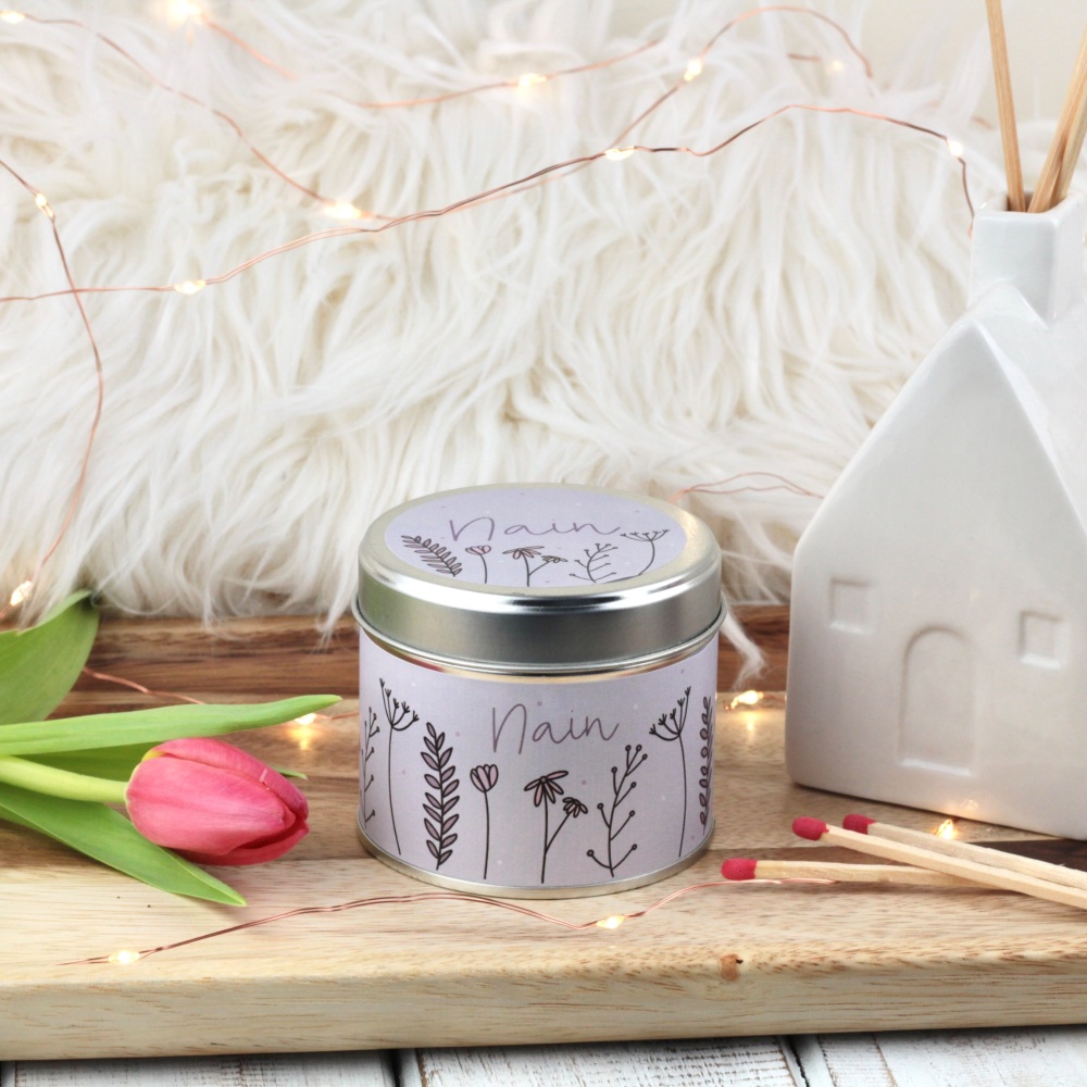 Cannwyll Nain Blodeuog | Welsh Nan Colour Doodle Flowers Tin Candle