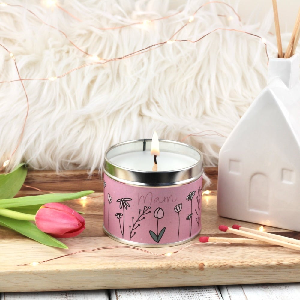Cannwyll Mam Blodeuog | Welsh Mum Colour Doodle Flowers Tin Candle
