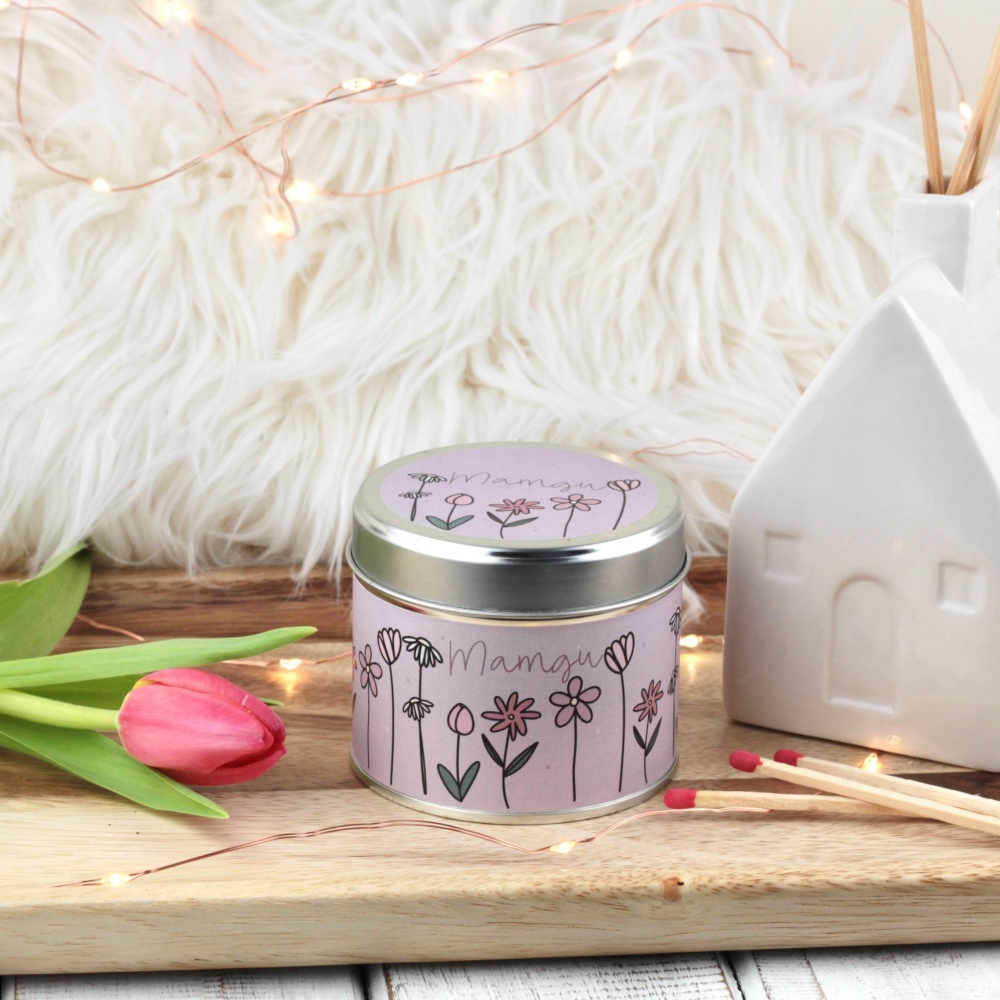 Cannwyll Mamgu Blodeuog | Welsh Gran Colour Doodle Flowers Tin Candle